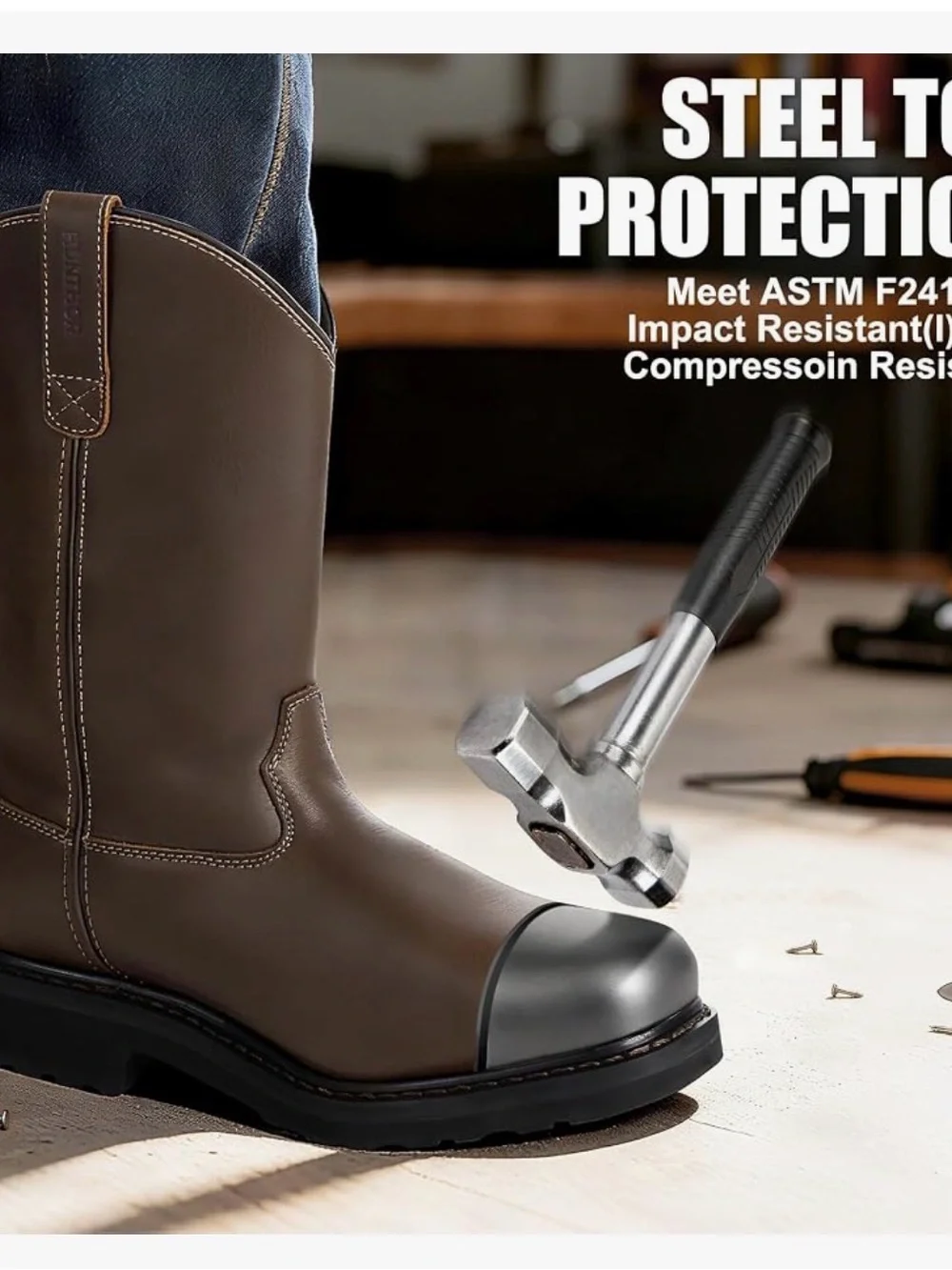 Men's Brown Leather Pull-On Work Boots